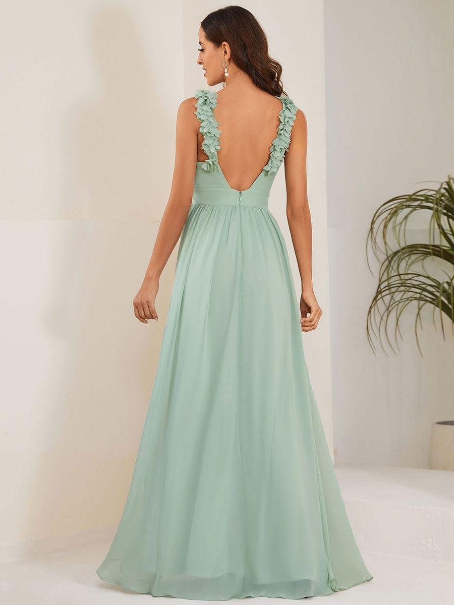 V-Neck Floral AppliqueSleeveless Pleated Chiffon Bridesmaid Dress #Color_Pink Floral Applique Sleeveless Pleated Chiffon Bridesmaid Dress