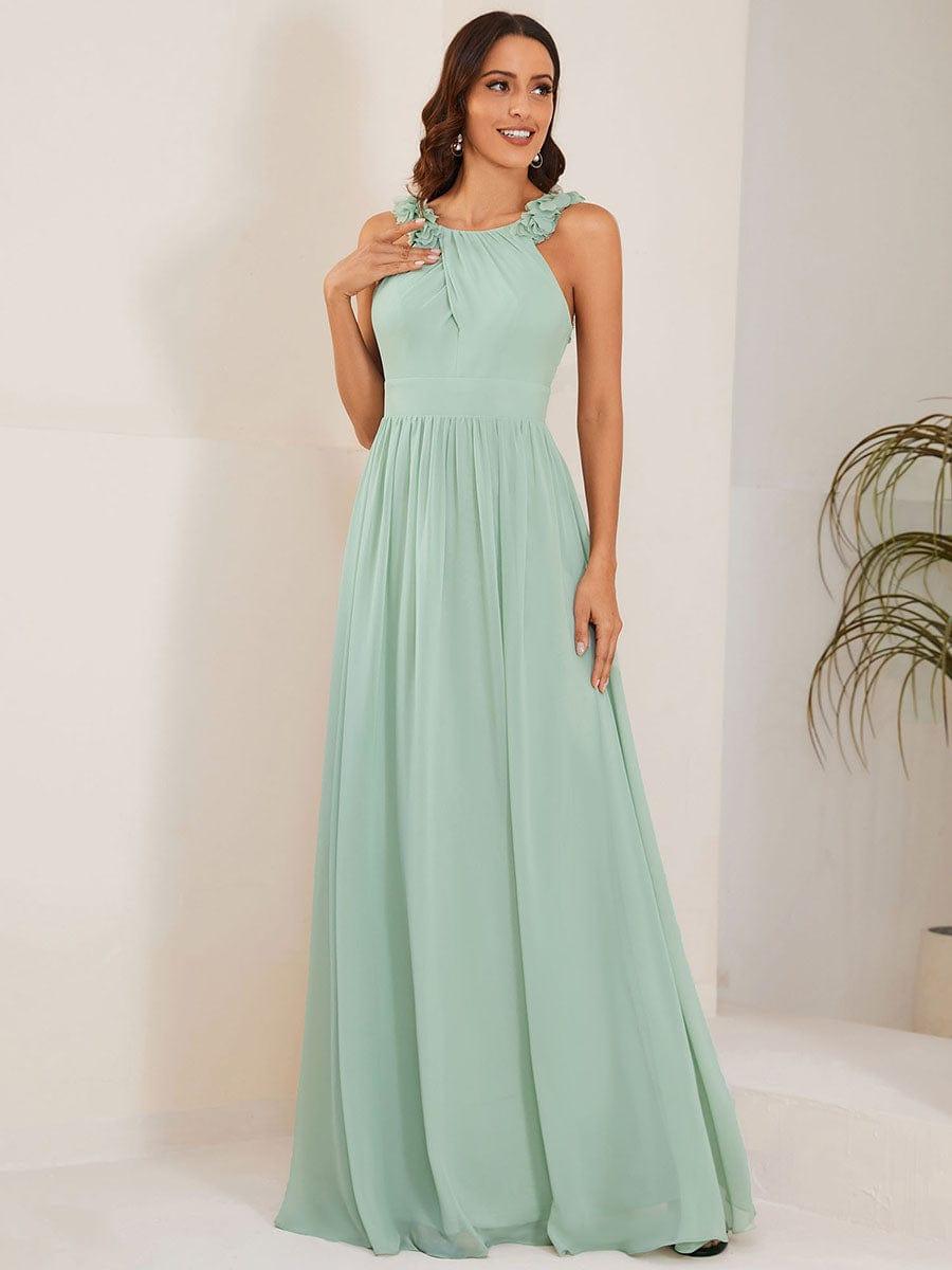 V-Neck Floral AppliqueSleeveless Pleated Chiffon Bridesmaid Dress #Color_Pink Floral Applique Sleeveless Pleated Chiffon Bridesmaid Dress