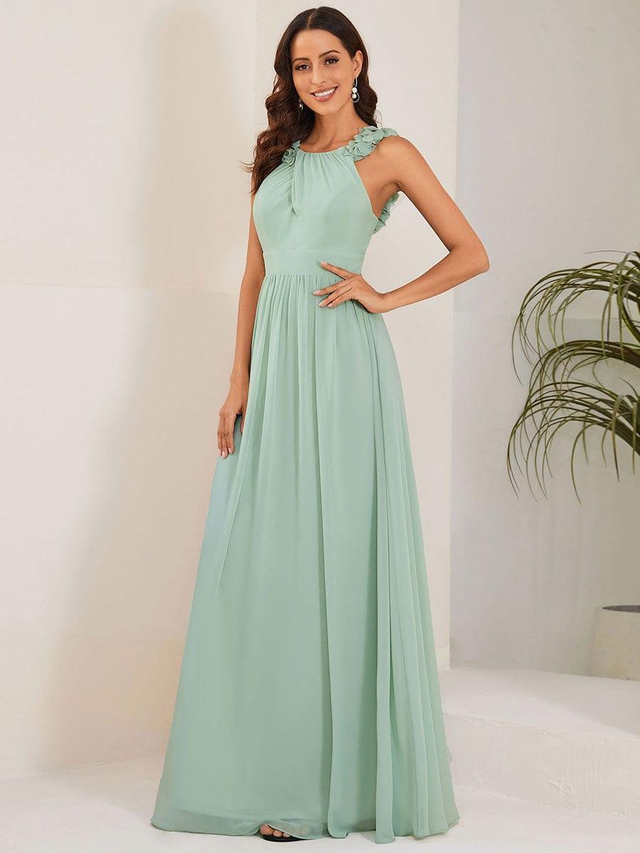 V-Neck Floral AppliqueSleeveless Pleated Chiffon Bridesmaid Dress #Color_Pink Floral Applique Sleeveless Pleated Chiffon Bridesmaid Dress