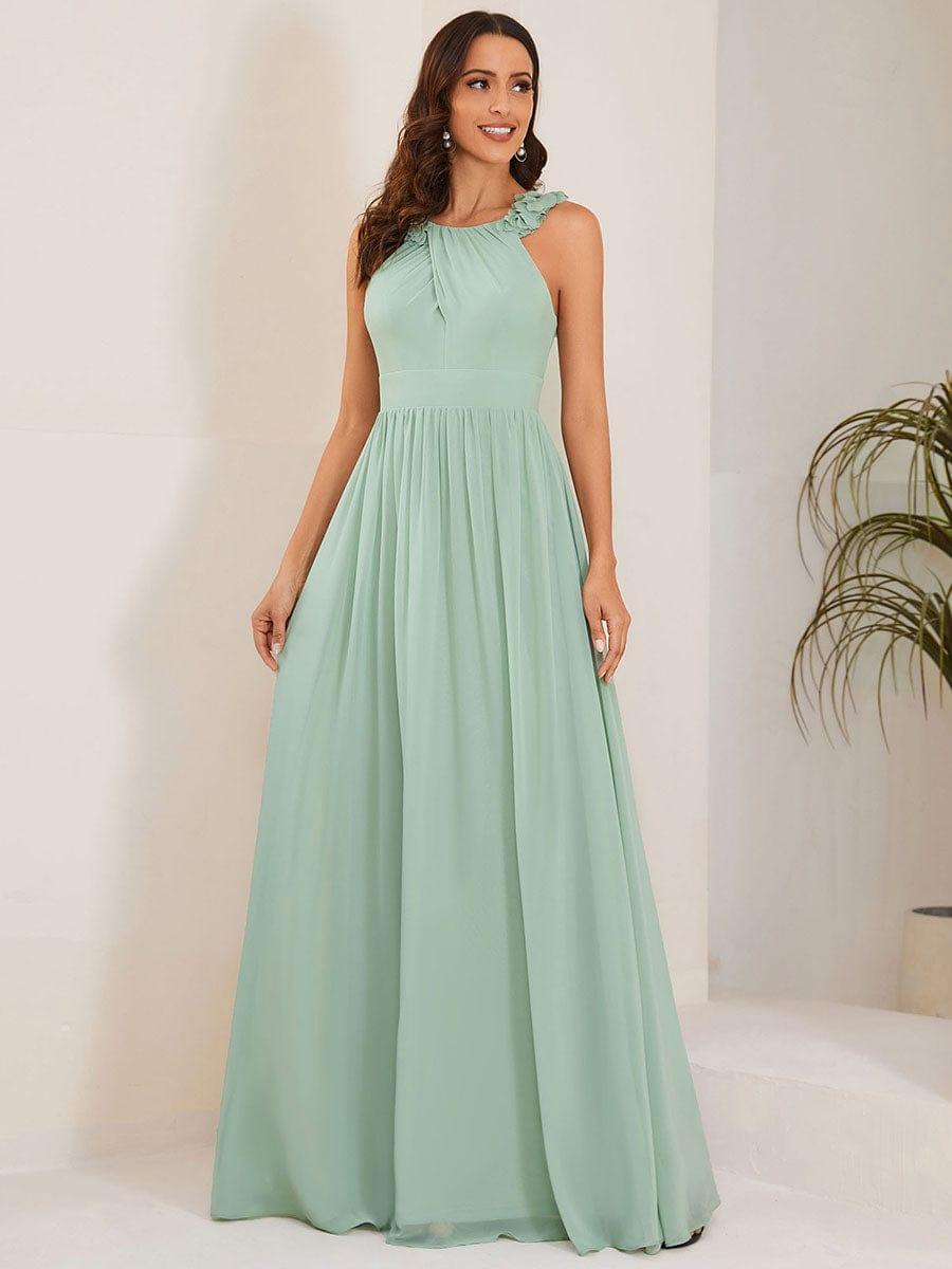V-Neck Floral AppliqueSleeveless Pleated Chiffon Bridesmaid Dress #Color_Pink Floral Applique Sleeveless Pleated Chiffon Bridesmaid Dress