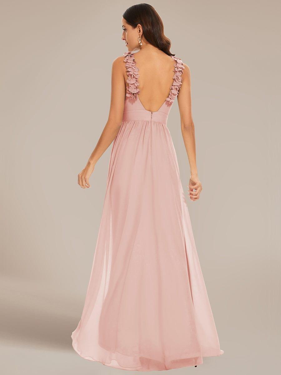 V-Neck Floral AppliqueSleeveless Pleated Chiffon Bridesmaid Dress #Color_Pink Floral Applique Sleeveless Pleated Chiffon Bridesmaid Dress