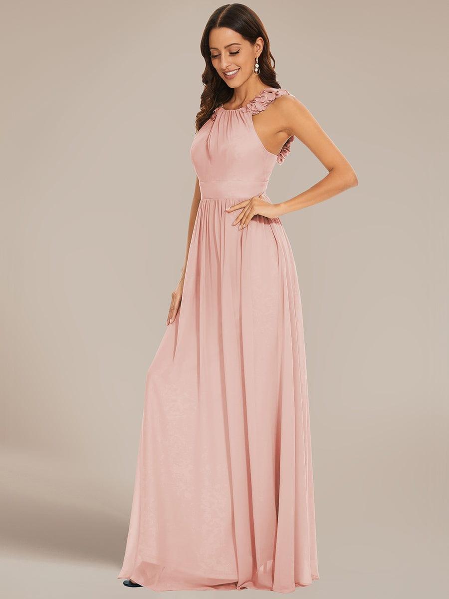 V-Neck Floral AppliqueSleeveless Pleated Chiffon Bridesmaid Dress #Color_Pink Floral Applique Sleeveless Pleated Chiffon Bridesmaid Dress