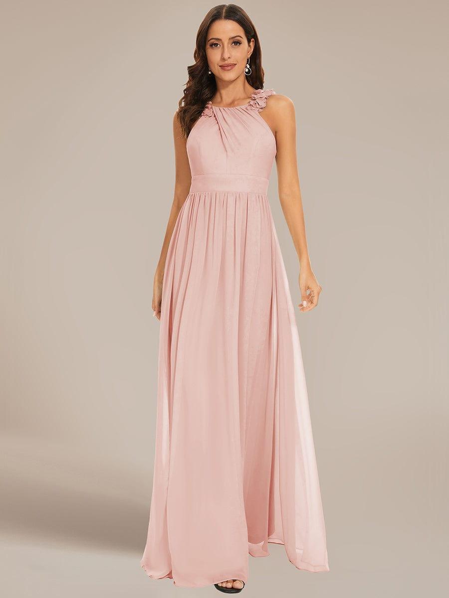 V-Neck Floral AppliqueSleeveless Pleated Chiffon Bridesmaid Dress #Color_Pink Floral Applique Sleeveless Pleated Chiffon Bridesmaid Dress