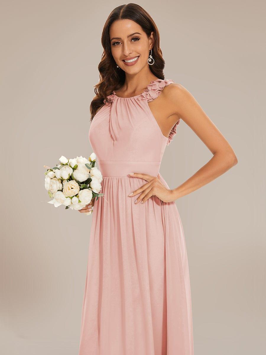 V-Neck Floral AppliqueSleeveless Pleated Chiffon Bridesmaid Dress #Color_Pink Floral Applique Sleeveless Pleated Chiffon Bridesmaid Dress