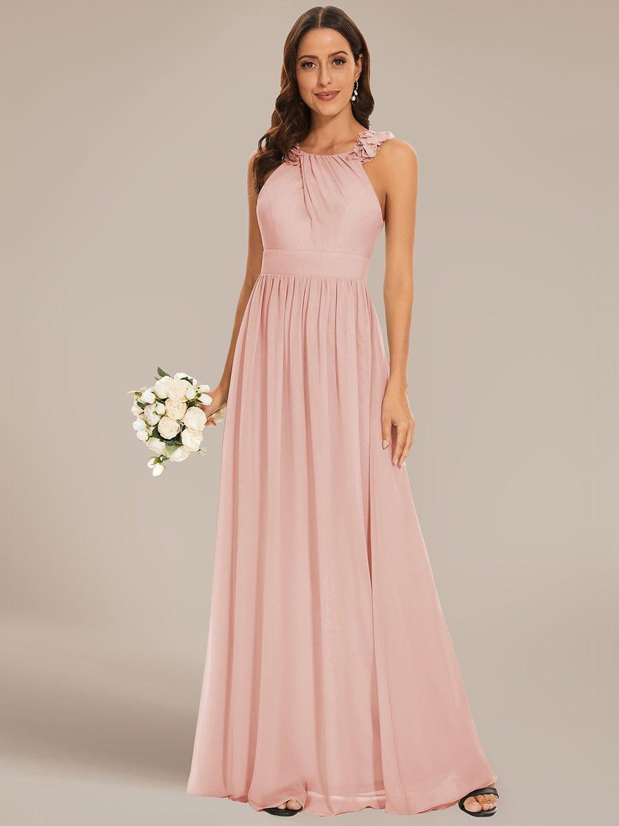 V-Neck Floral AppliqueSleeveless Pleated Chiffon Bridesmaid Dress #Color_Pink Floral Applique Sleeveless Pleated Chiffon Bridesmaid Dress