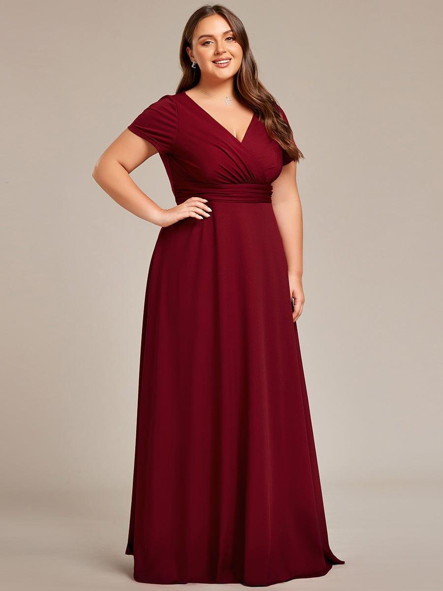 Plus Size Pleated V-Neck Short Sleeves Empire Waist A-Line Bridesmaid Dress #color_Burgundy
