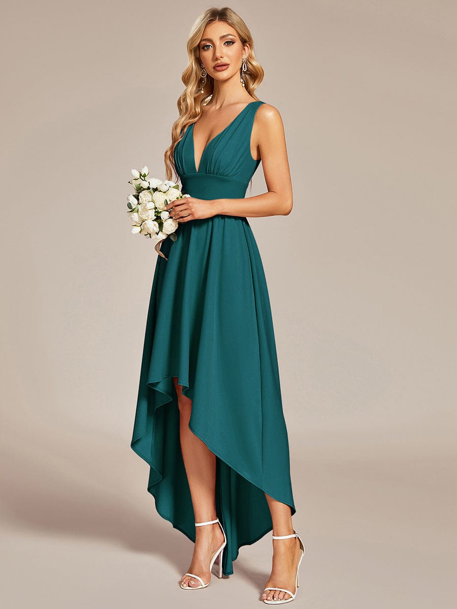 Deep V-Neck High-Low Sleeveless A-Line Wedding Guest Dress #color_Teal