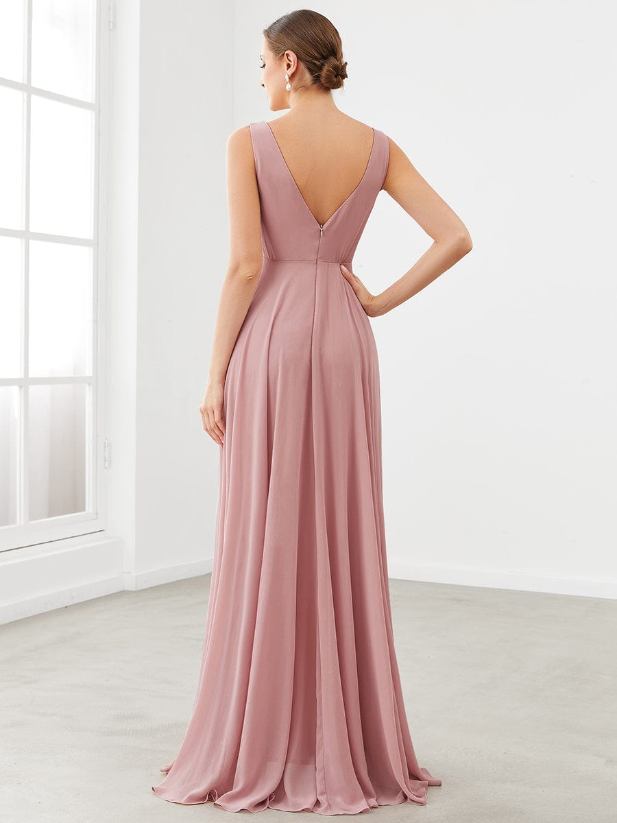 Chiffon Ruffled Hem Front Slit V-Neck Sleeveless Bridesmaid Dress #color_Dusty Rose Chiffon Ruffled Hem Front Slit V-Neck Sleeveless Bridesmaid Dress