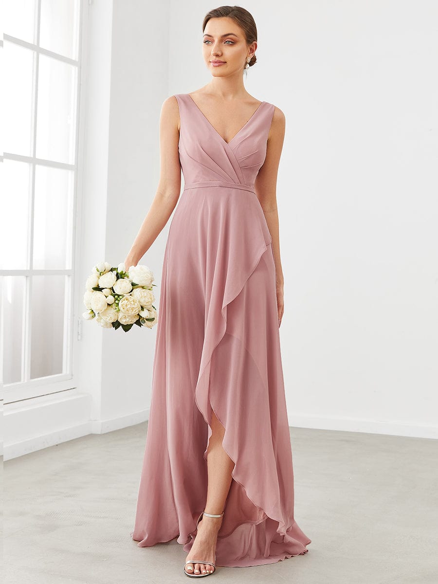 Chiffon Ruffled Hem Front Slit V-Neck Sleeveless Bridesmaid Dress #color_Dusty Rose Chiffon Ruffled Hem Front Slit V-Neck Sleeveless Bridesmaid Dress