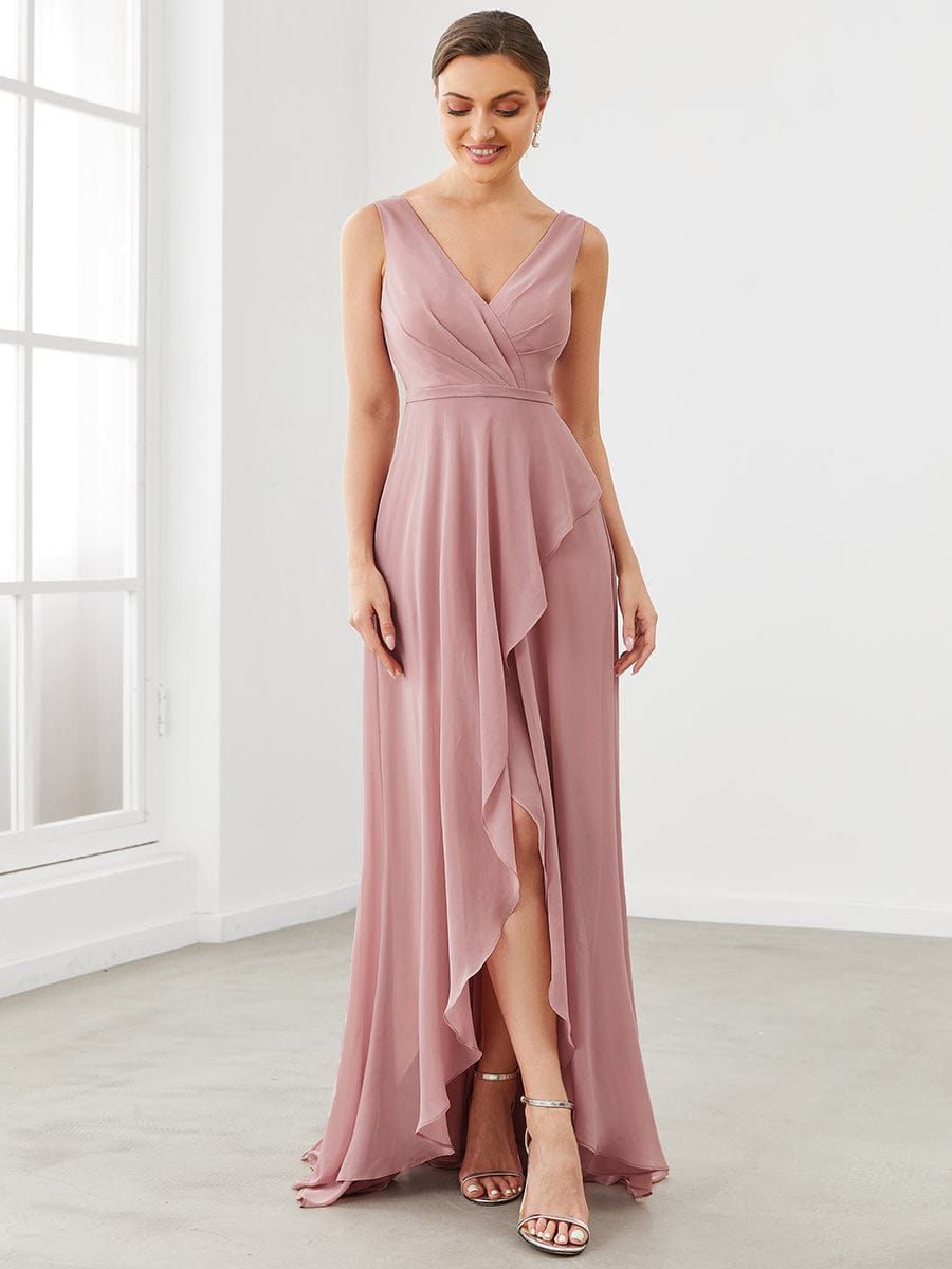 Custom Size Chiffon Ruffled Hem Front Slit Sleeveless Bridesmaid Dress #color_Dusty Rose Custom Size Chiffon Ruffled Hem Front Slit Sleeveless Bridesmaid Dress