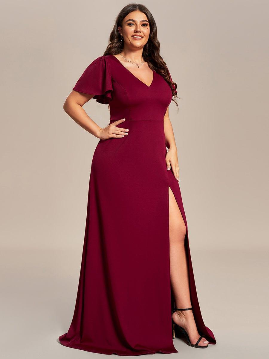 Classical Ruffles Sleeve A-Line Deep V-Neck Front Slit Bridesmaid Dress #color_Burgundy Plus Size Classical Ruffles Sleeve A-Line Front Slit Bridesmaid Dress