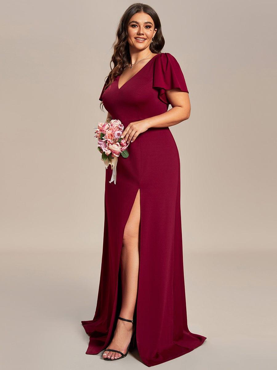 Classical Ruffles Sleeve A-Line Deep V-Neck Front Slit Bridesmaid Dress #color_Burgundy Plus Size Classical Ruffles Sleeve A-Line Front Slit Bridesmaid Dress