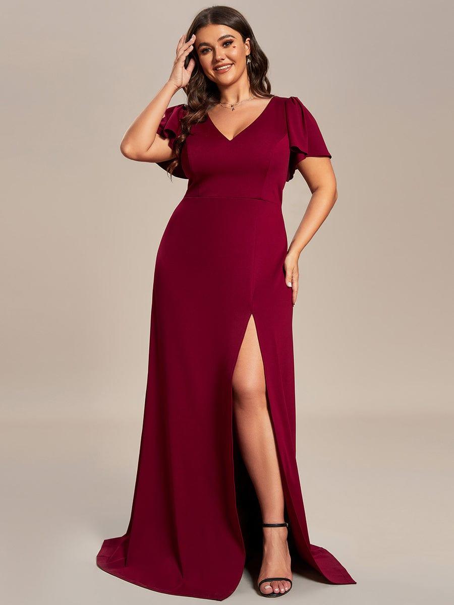 Classical Ruffles Sleeve A-Line Deep V-Neck Front Slit Bridesmaid Dress #color_Burgundy Plus Size Classical Ruffles Sleeve A-Line Front Slit Bridesmaid Dress