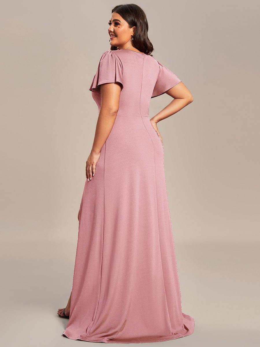 Classical Ruffles Sleeve A-Line Deep V-Neck Front Slit Bridesmaid Dress #color_Burgundy Plus Size Classical Ruffles Sleeve A-Line Front Slit Bridesmaid Dress