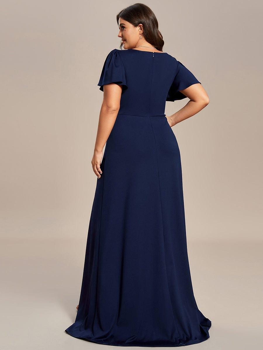 Classical Ruffles Sleeve A-Line Deep V-Neck Front Slit Bridesmaid Dress #color_Burgundy Plus Size Classical Ruffles Sleeve A-Line Front Slit Bridesmaid Dress