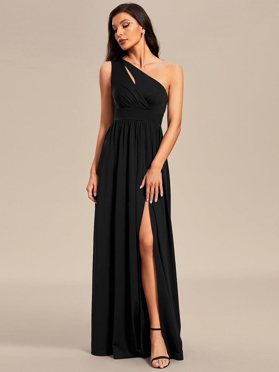 One Shoulder High Front Split Hollow Out Neckline Bridesmaid Dress #color_Navy Blue One Shoulder High Front Slit Hollow Out Neckline Bridesmaid Dress
