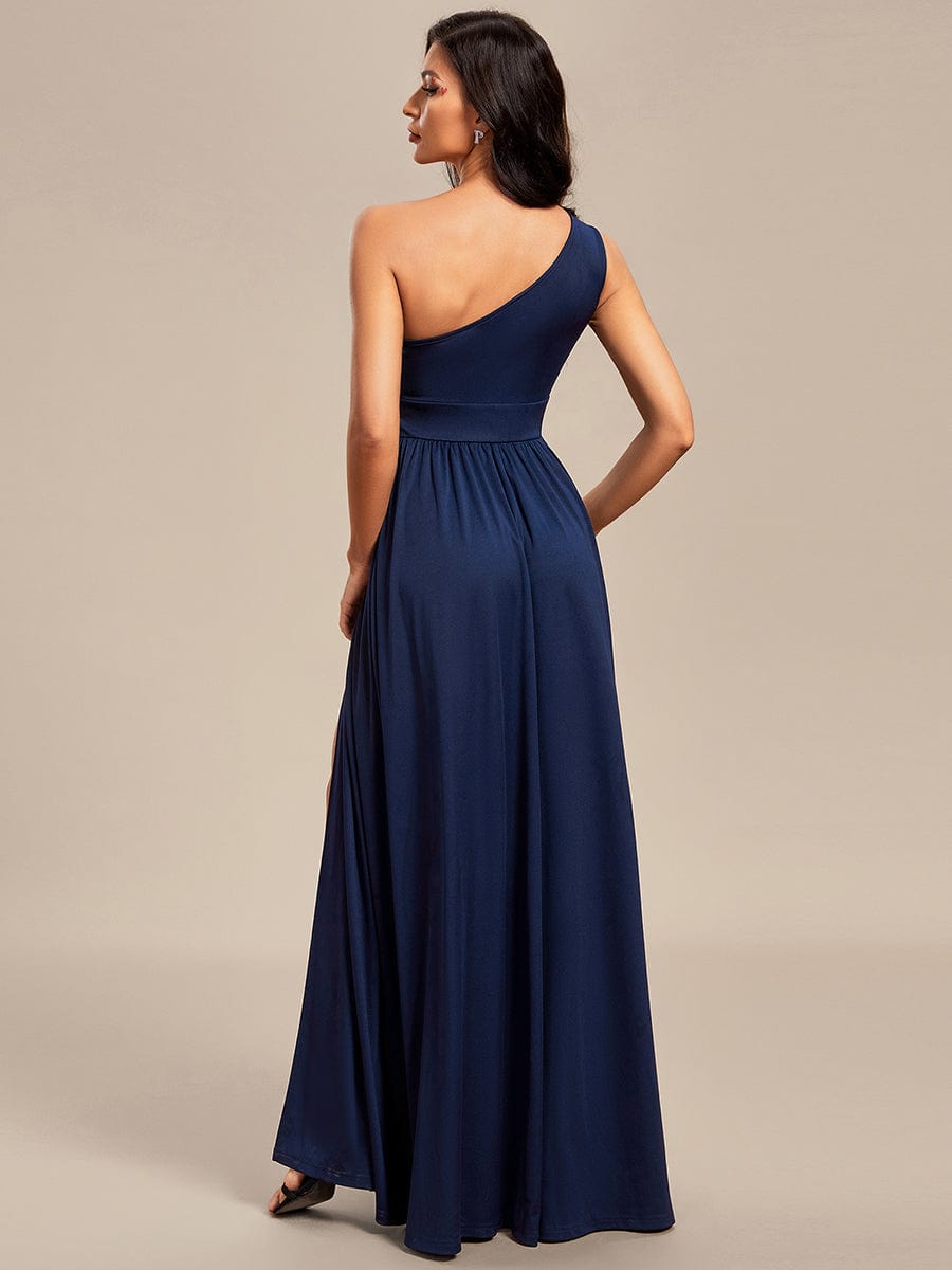 One Shoulder High Front Split Hollow Out Neckline Bridesmaid Dress #color_Navy Blue One Shoulder High Front Slit Hollow Out Neckline Bridesmaid Dress