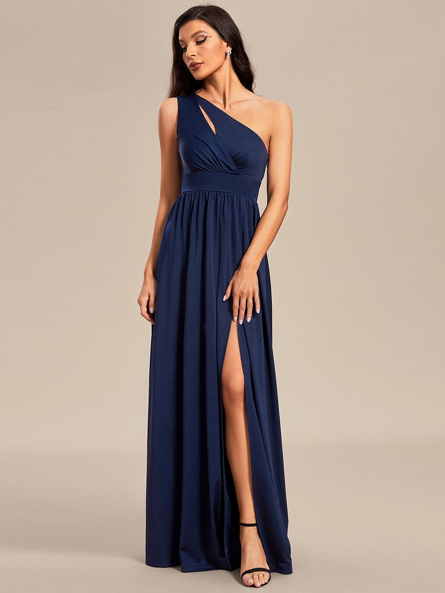 One Shoulder High Front Split Hollow Out Neckline Bridesmaid Dress #color_Navy Blue One Shoulder High Front Slit Hollow Out Neckline Bridesmaid Dress