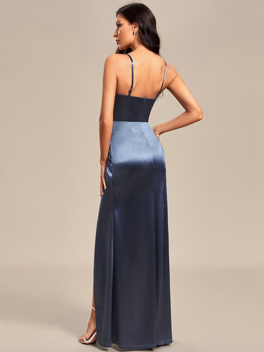 Pleated Front Slit Spaghetti Straps High Stretch Bodycon Satin Bridesmaid Dress #color_Stormy Pleated Front Slit Spaghetti Straps High Stretch Bodycon Satin Bridesmaid Dress