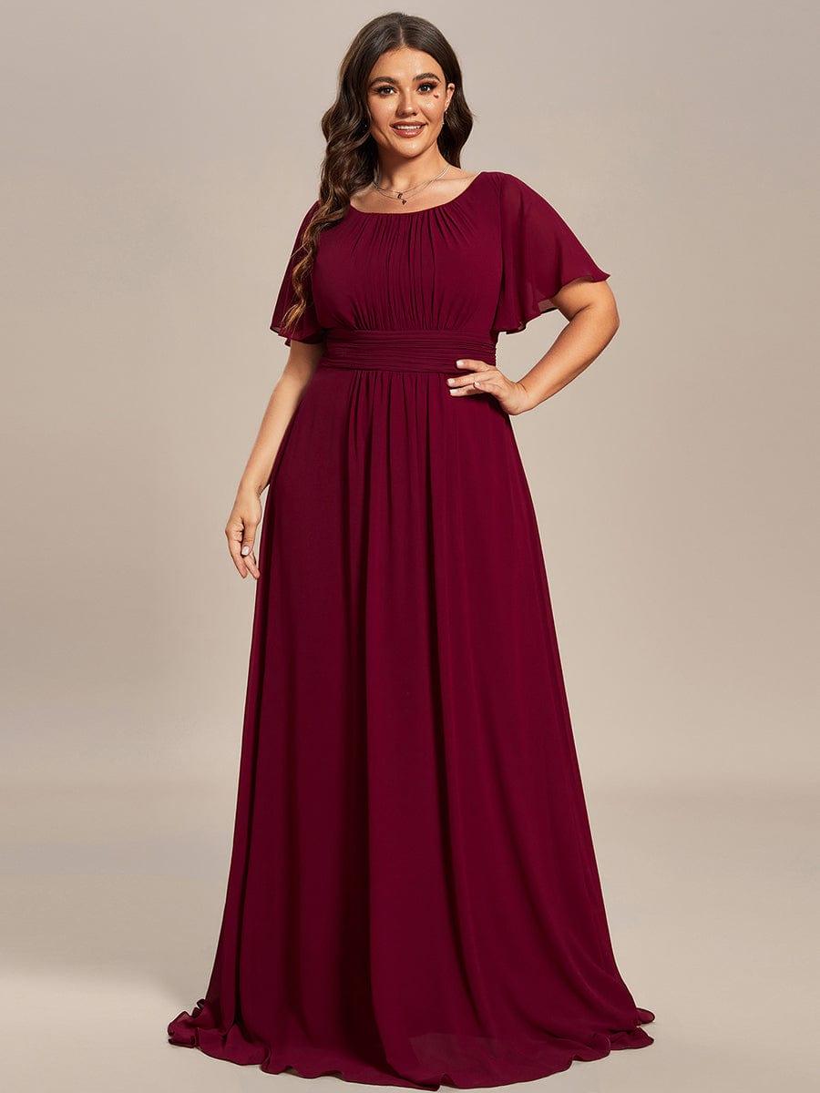 Plus Size Printed Chiffon Pleated Maxi Wedding Guest Dress #color_Burgundy