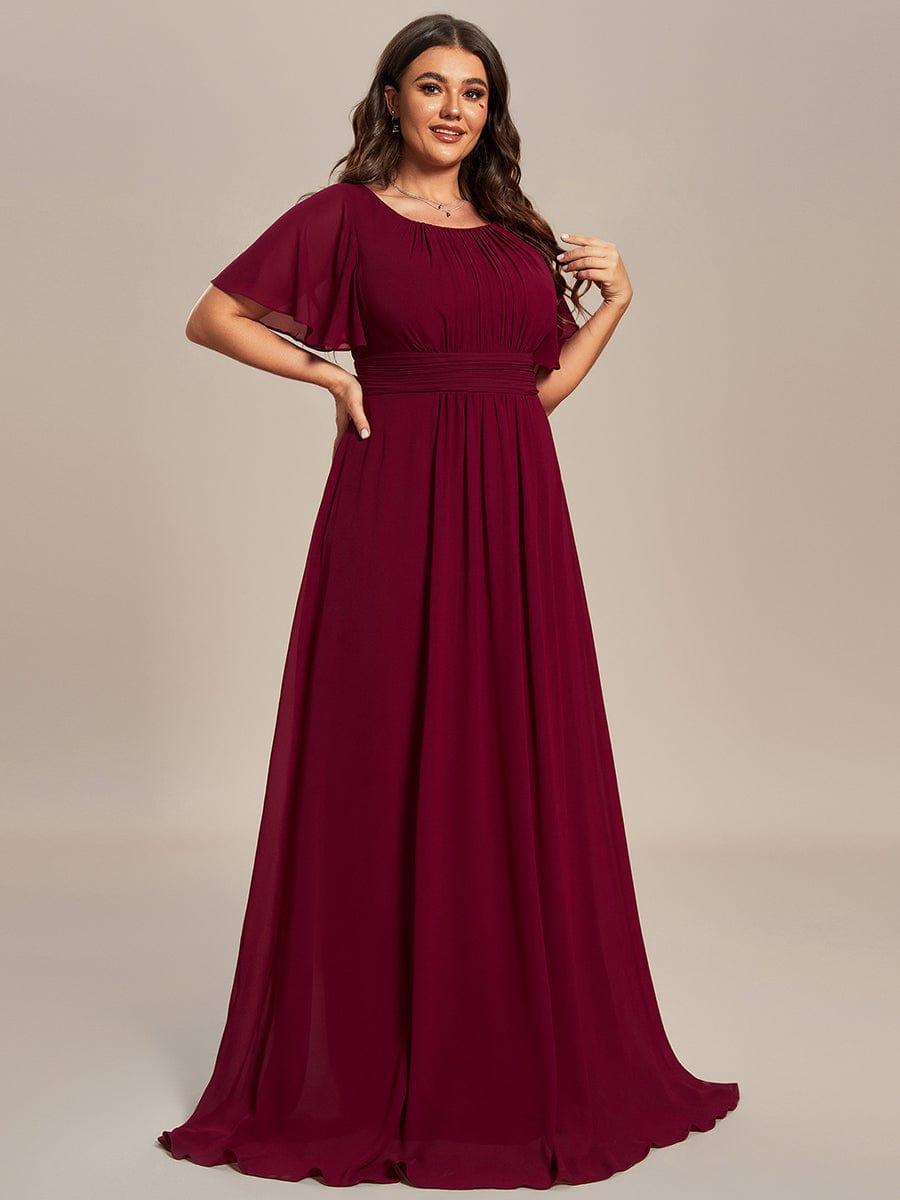 Plus Size Printed Chiffon Pleated Maxi Wedding Guest Dress #color_Burgundy
