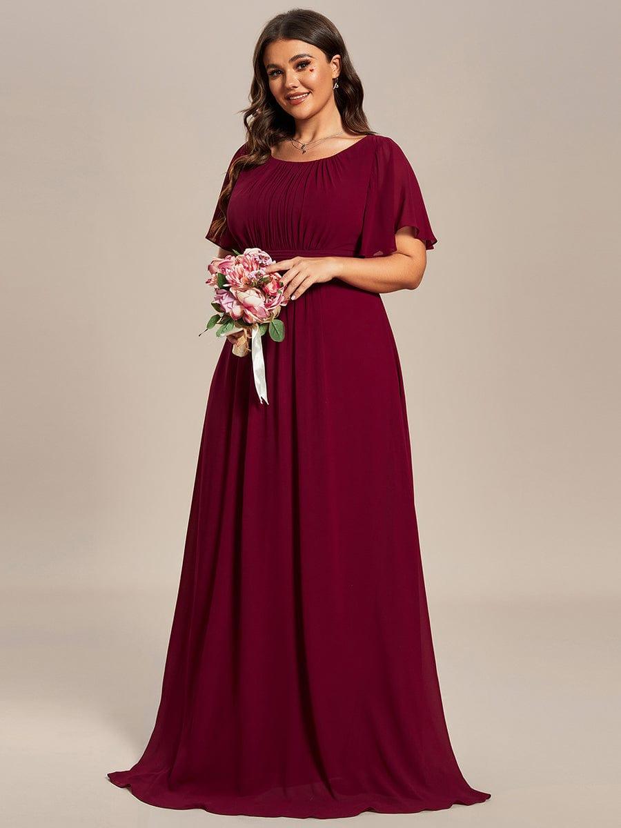 Plus Size Printed Chiffon Pleated Maxi Wedding Guest Dress #color_Burgundy