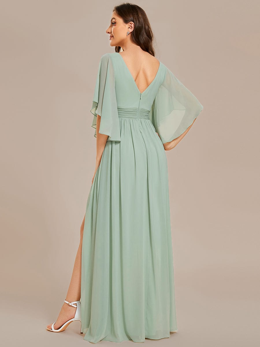 Half Sleeve V-Neck Pleated High Slit A-Line Chiffon Bridesmaid Dress #color_Mint Green