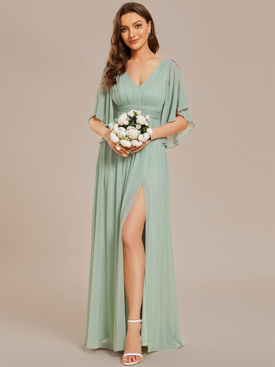Half Sleeve V-Neck Pleated High Slit A-Line Chiffon Bridesmaid Dress