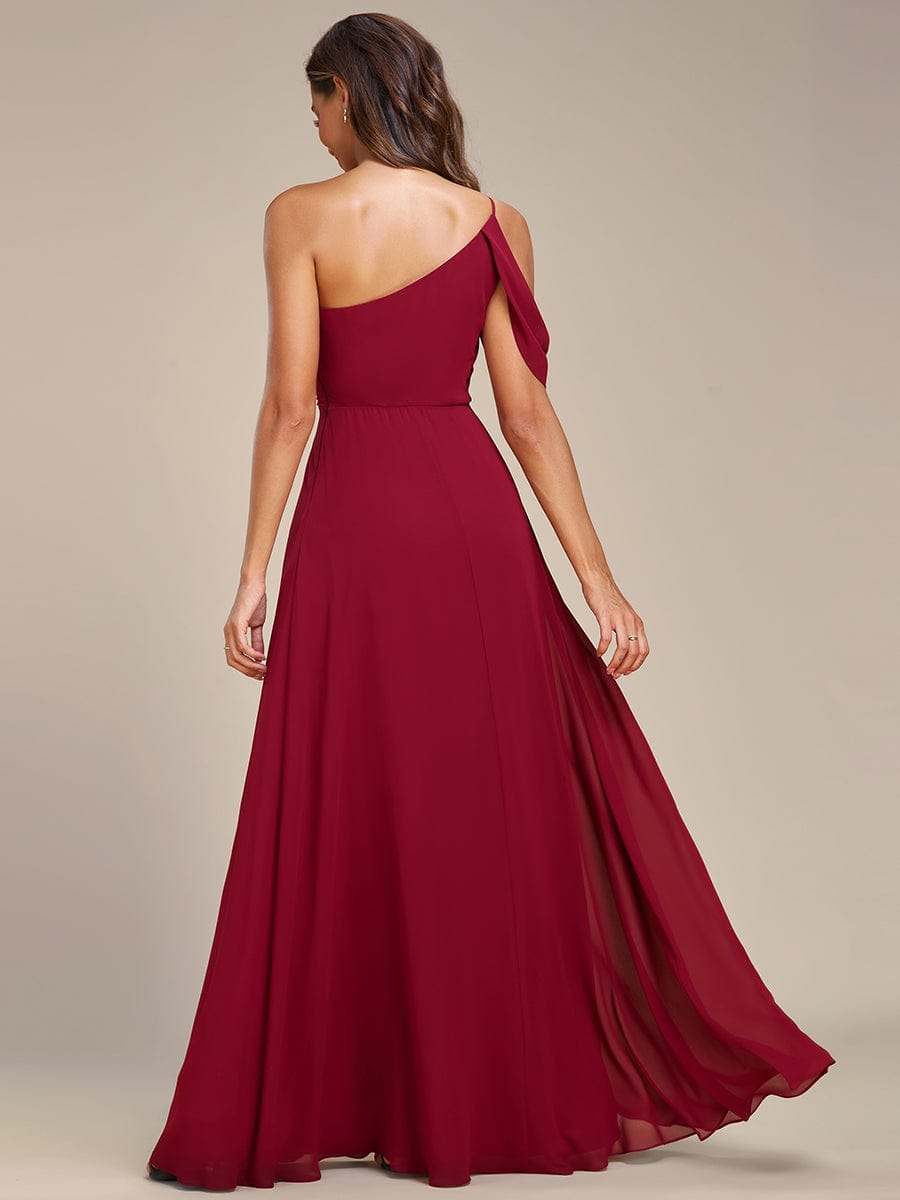 Asymmetrical One-Shoulder Sleeveless Chiffon Bridesmaid Dress #color_Burgundy Asymmetrical One-Shoulder Sleeveless Chiffon Bridesmaid Dress