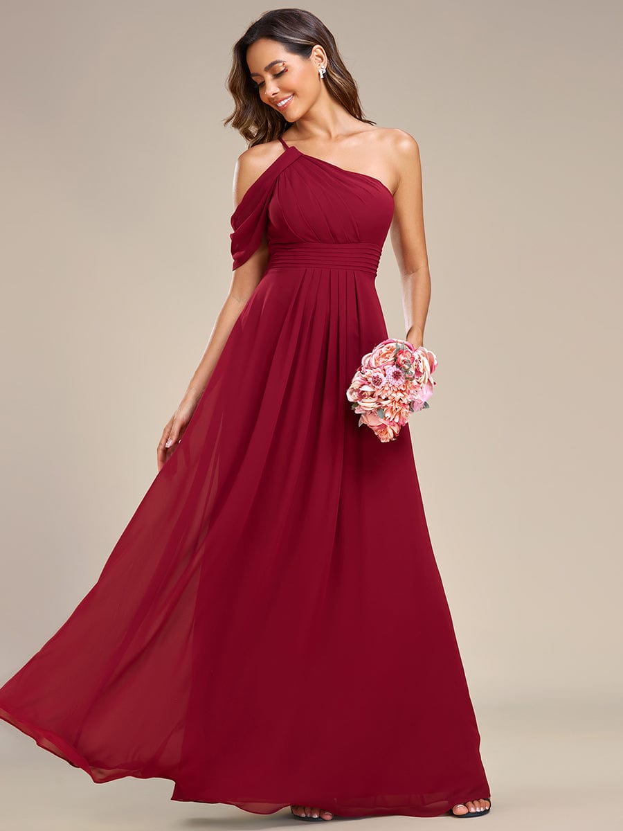 Asymmetrical One-Shoulder Sleeveless Chiffon Bridesmaid Dress #color_Burgundy Asymmetrical One-Shoulder Sleeveless Chiffon Bridesmaid Dress