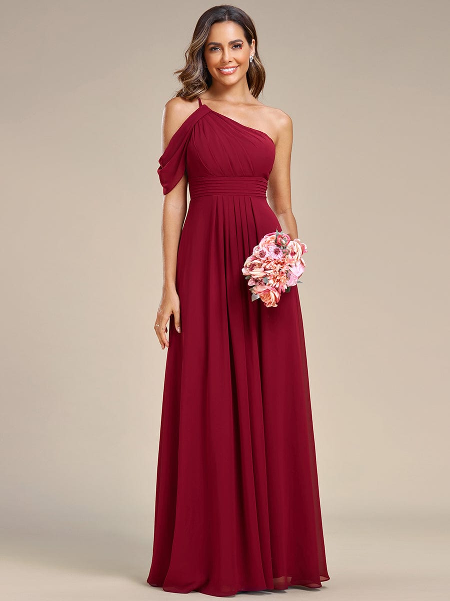 Asymmetrical One-Shoulder Sleeveless Chiffon Bridesmaid Dress #color_Burgundy Asymmetrical One-Shoulder Sleeveless Chiffon Bridesmaid Dress