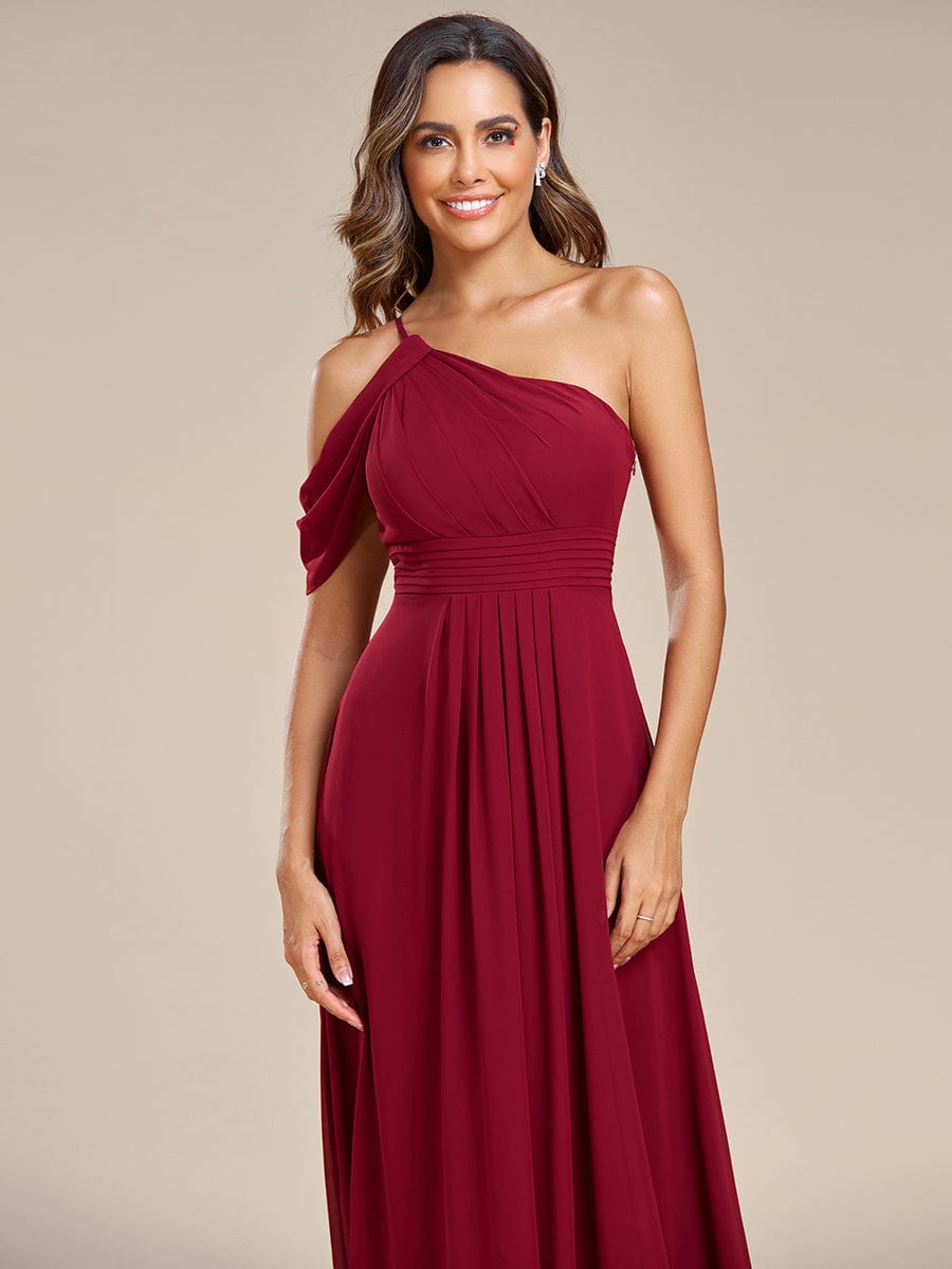 Asymmetrical One-Shoulder Sleeveless Chiffon Bridesmaid Dress #color_Burgundy Asymmetrical One-Shoulder Sleeveless Chiffon Bridesmaid Dress