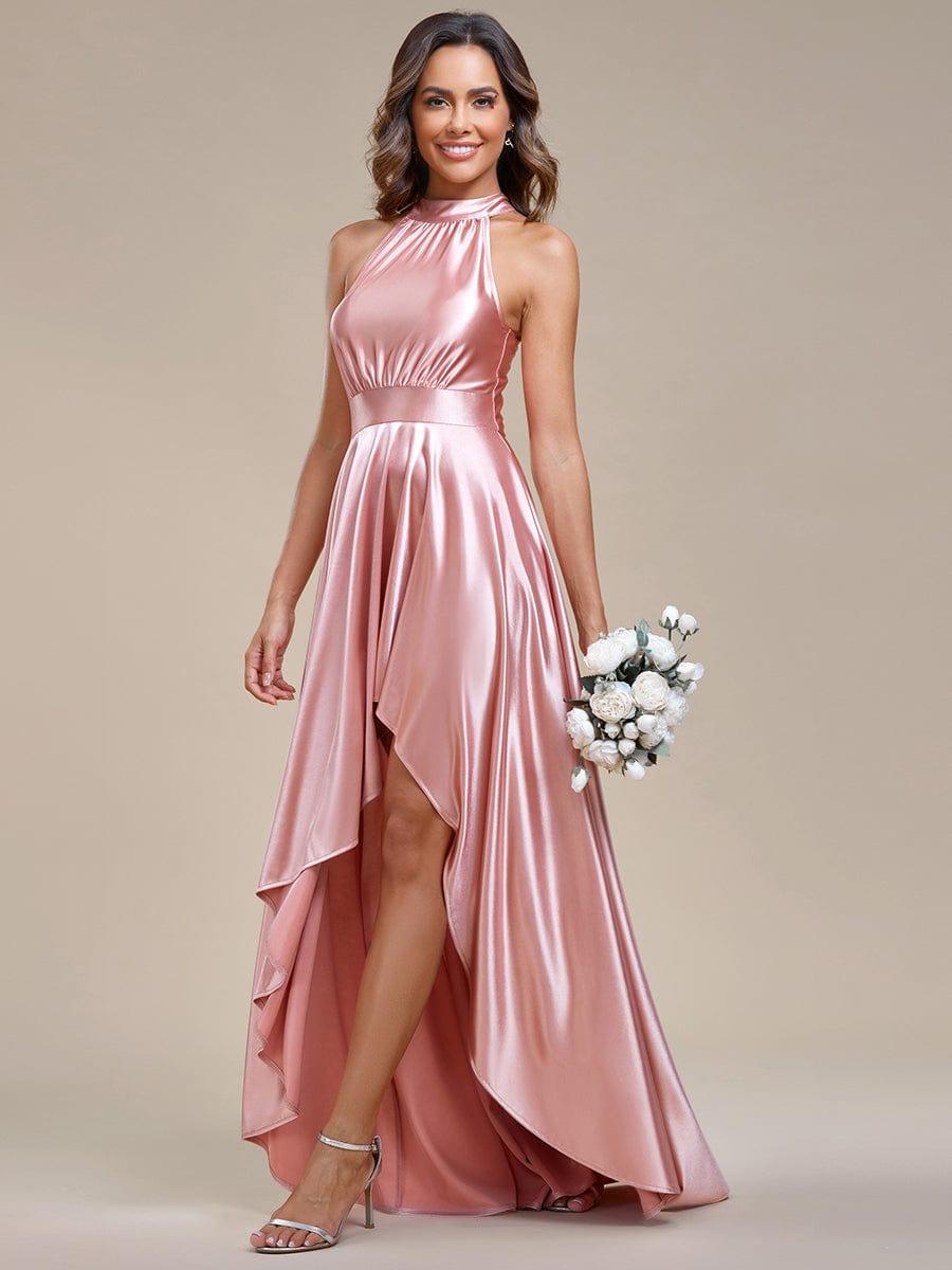 Belly Collar High-Low A-Line Satin Halter Bridesmaid Dress #color_Navy Blue Belly Collar High-Low A-Line Satin Halter Bridesmaid Dress