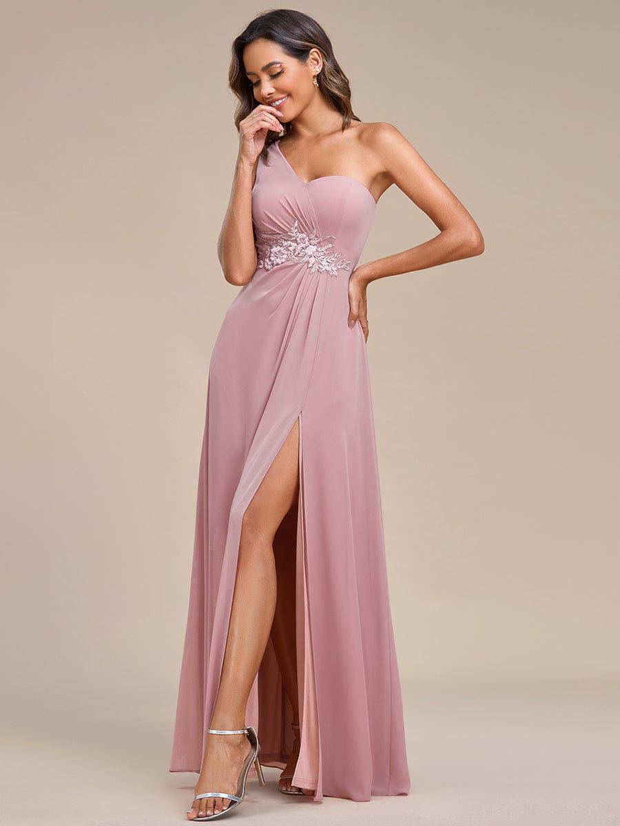 Waist Applique One-Shoulder A-Line Bridesmaid Dress with High Slit #color_Dusty Rose Waist Applique One-Shoulder A-Line Bridesmaid Dress with High Slit