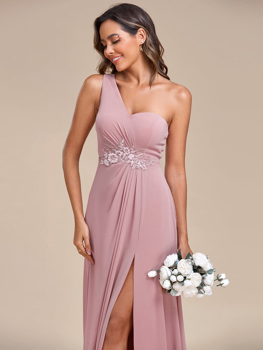 Waist Applique One-Shoulder A-Line Bridesmaid Dress with High Slit #color_Dusty Rose Waist Applique One-Shoulder A-Line Bridesmaid Dress with High Slit