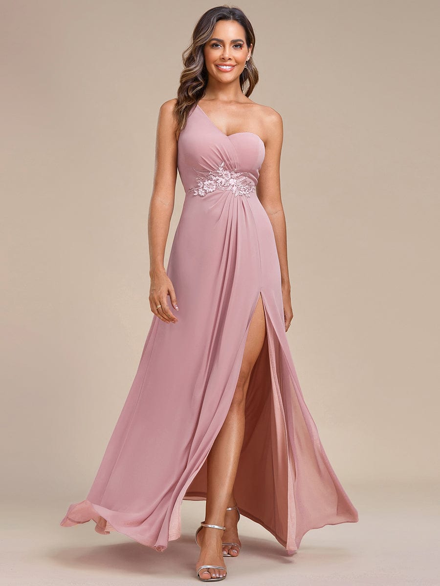 Waist Applique One-Shoulder A-Line Bridesmaid Dress with High Slit #color_Dusty Rose Waist Applique One-Shoulder A-Line Bridesmaid Dress with High Slit