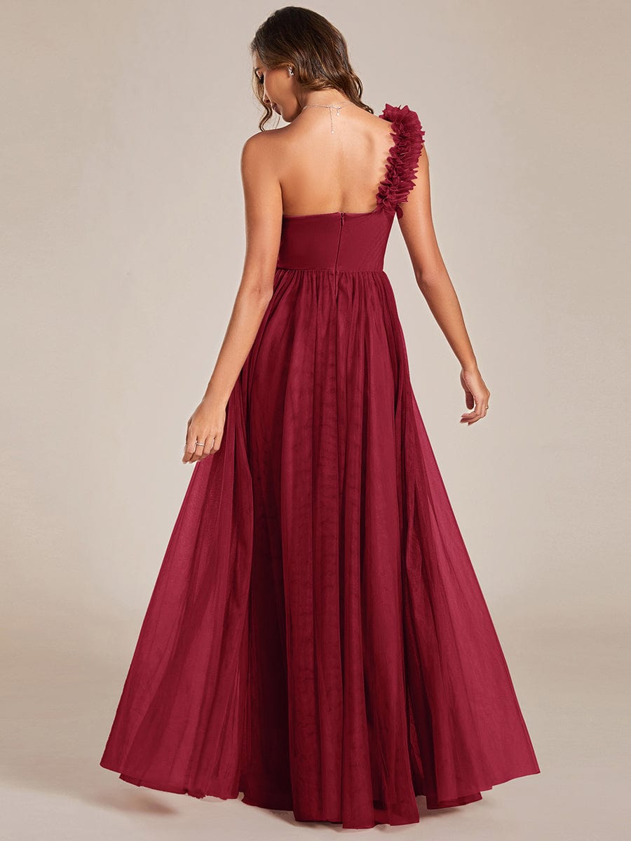 Sweetheart Neckline One Shoulder with Floral Tulle High Slit Bridesmaid Dress #color_Burgundy