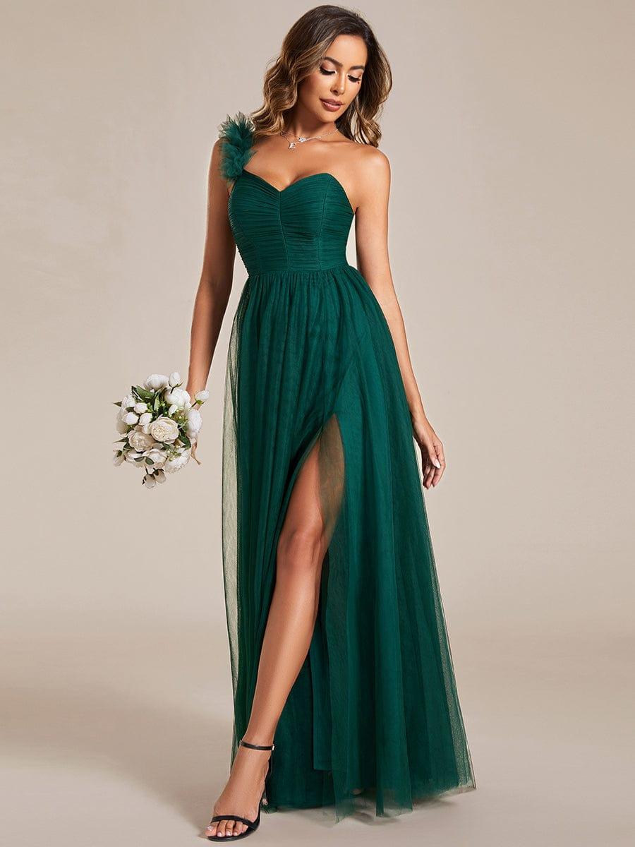 Sweetheart Neckline One Shoulder with Floral Tulle High Slit Bridesmaid Dress #color_Dark Green