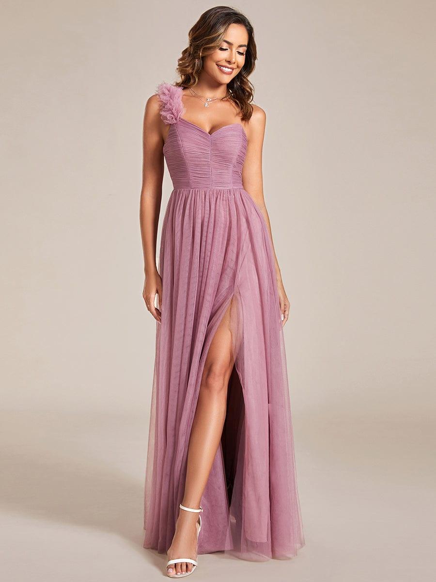 Sweetheart Neckline One Shoulder with Floral Tulle High Slit Bridesmaid Dress #color_Purple Orchid