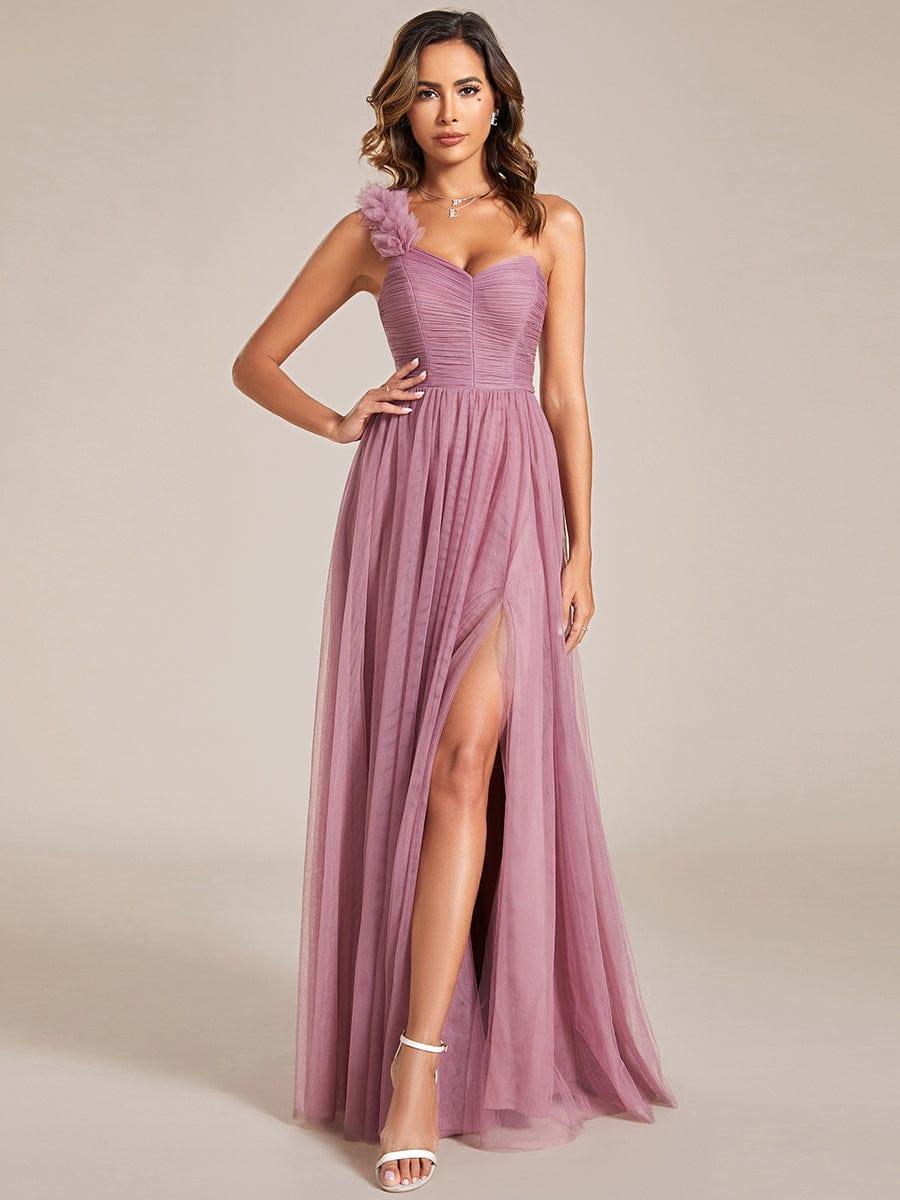 Sweetheart Neckline One Shoulder with Floral Tulle High Slit Bridesmaid Dress #color_Purple Orchid