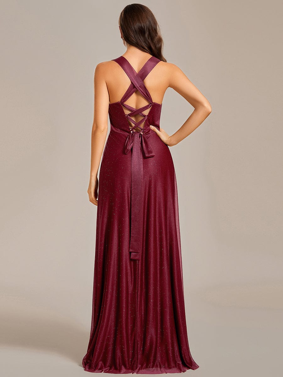 Glittery Pleated V-neck Adjustable Back Lace-Up Sleeveless Bridesmaid Dress #color_Burgundy Glittery Pleated V-neck Adjustable Back Lace-Up Sleeveless Bridesmaid Dress