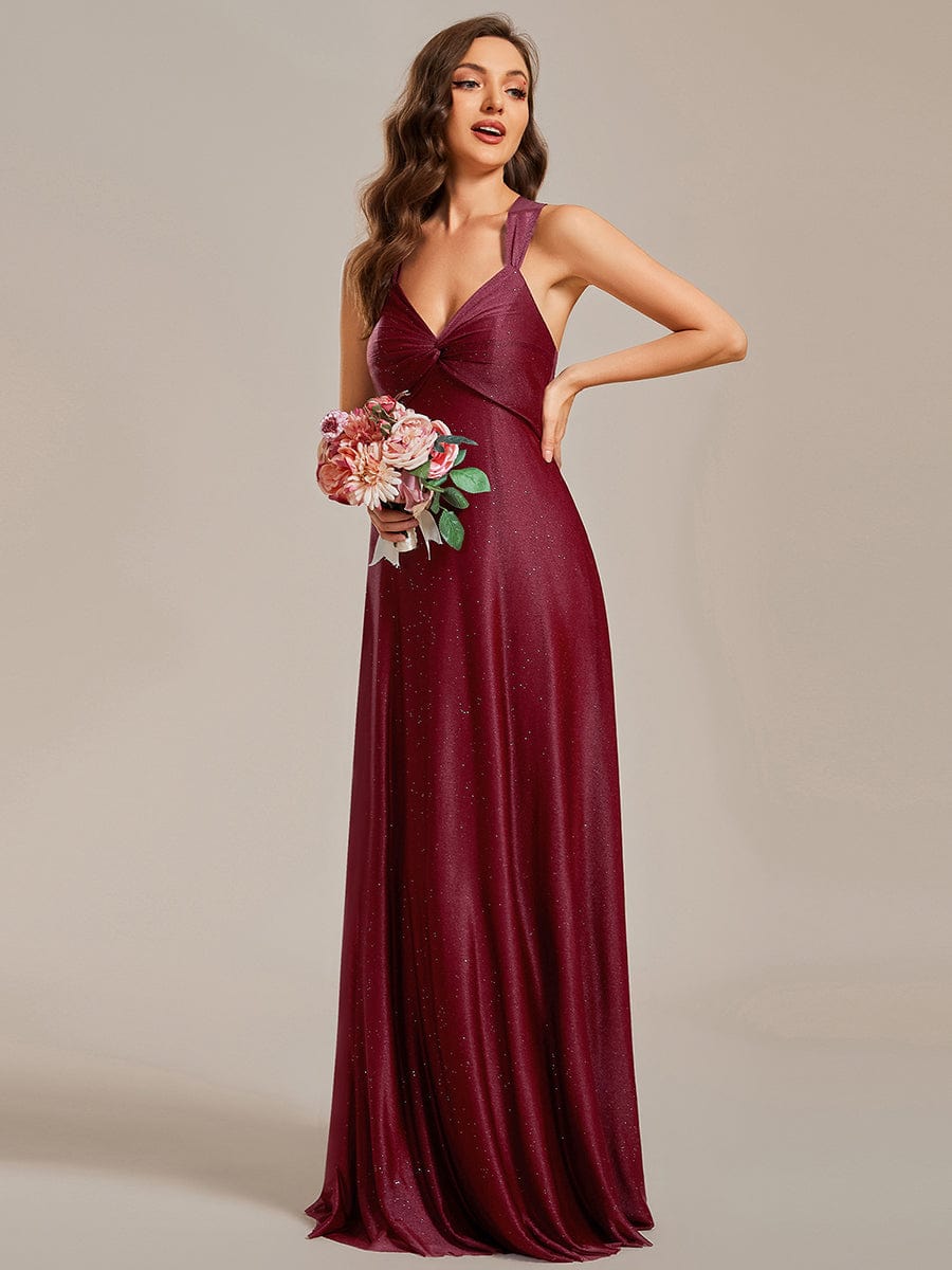 Glittery Pleated V-neck Adjustable Back Lace-Up Sleeveless Bridesmaid Dress #color_Burgundy Glittery Pleated V-neck Adjustable Back Lace-Up Sleeveless Bridesmaid Dress