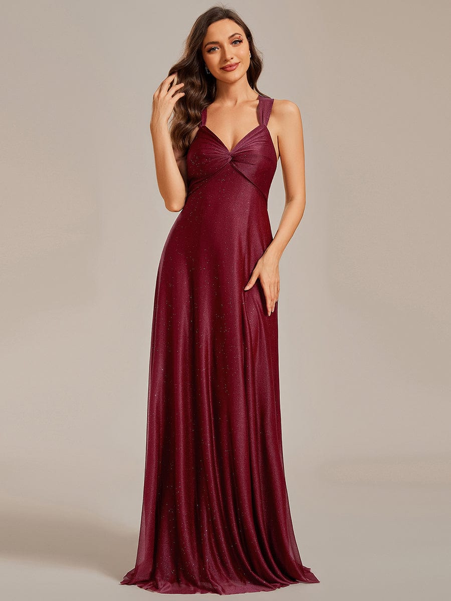 Glittery Pleated V-neck Adjustable Back Lace-Up Sleeveless Bridesmaid Dress #color_Burgundy Glittery Pleated V-neck Adjustable Back Lace-Up Sleeveless Bridesmaid Dress