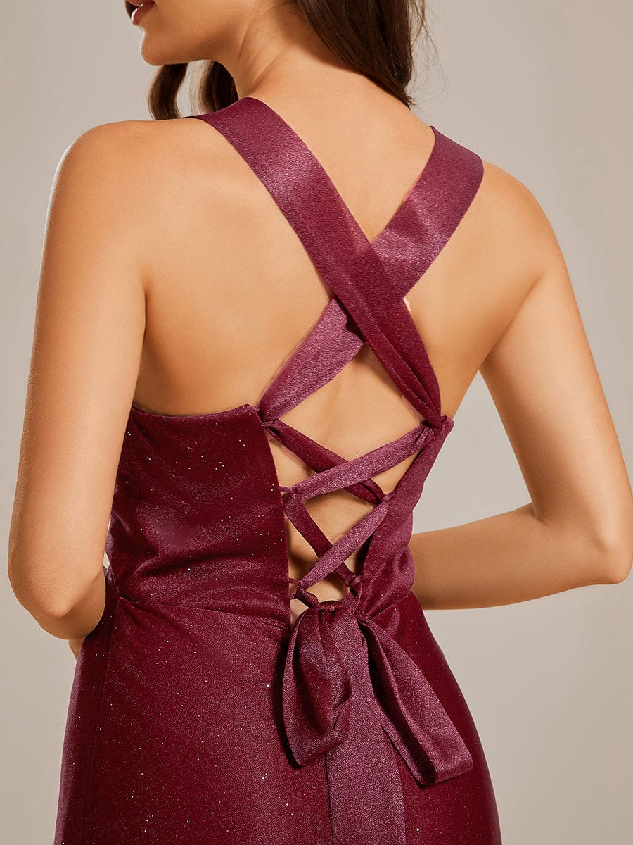 Glittery Pleated V-neck Adjustable Back Lace-Up Sleeveless Bridesmaid Dress #color_Burgundy Glittery Pleated V-neck Adjustable Back Lace-Up Sleeveless Bridesmaid Dress