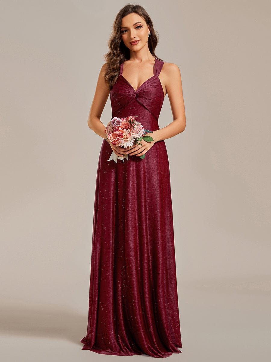 Glittery Pleated V-neck Adjustable Back Lace-Up Sleeveless Bridesmaid Dress #color_Burgundy Glittery Pleated V-neck Adjustable Back Lace-Up Sleeveless Bridesmaid Dress