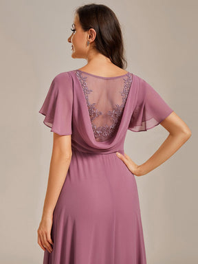 Back See-Through Swing Collar Applique Ruffles Sleeve A-Line Evening Dress