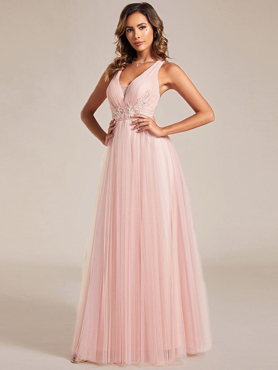 Sleeveless Waist Applique Cross-Back Straps Tulle Bridesmaid Dress #color_Pink Sleeveless Waist Applique Cross-Back Straps Tulle Bridesmaid Dress