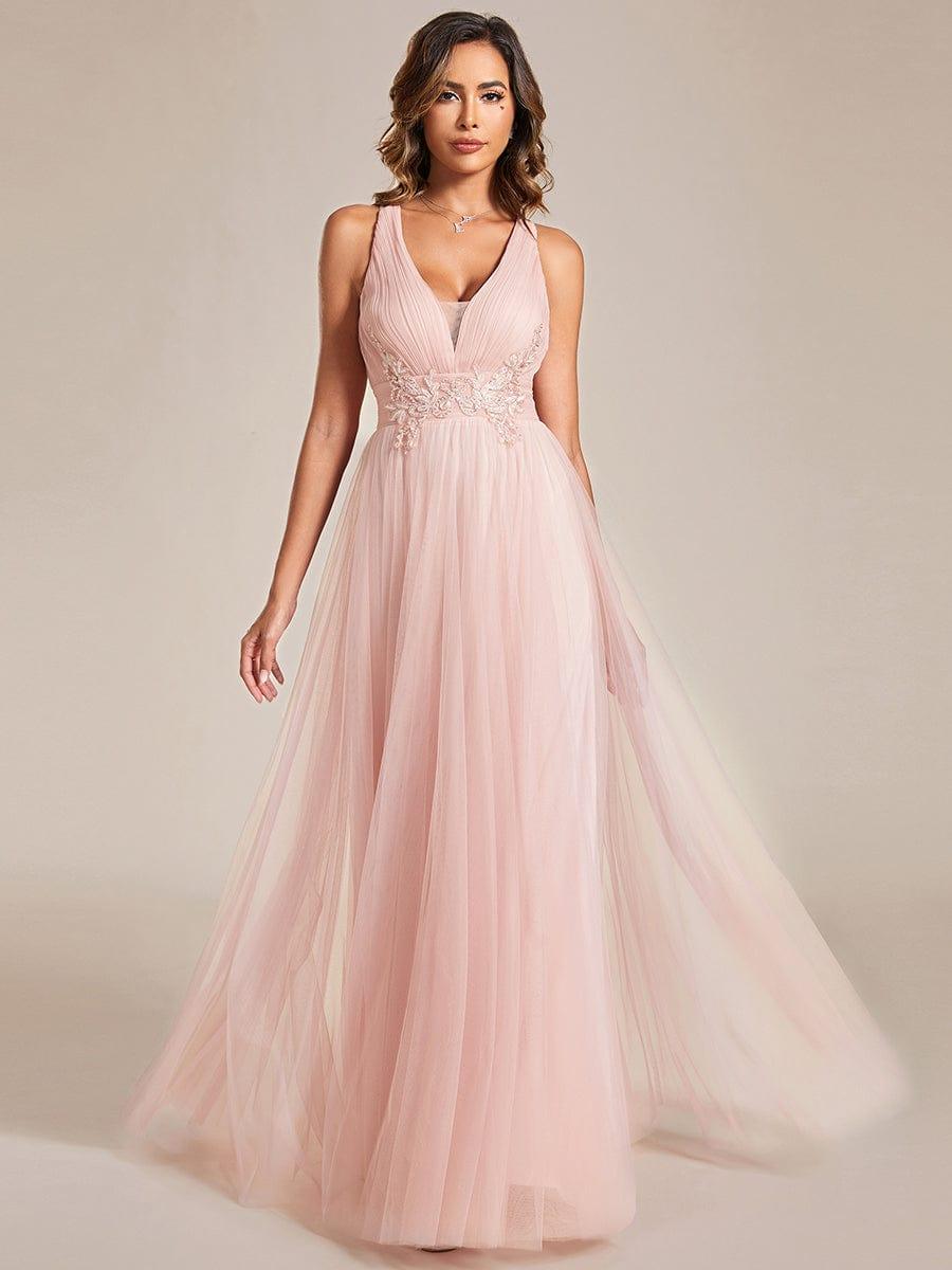 Sleeveless Waist Applique Cross-Back Straps Tulle Bridesmaid Dress #color_Pink Sleeveless Waist Applique Cross-Back Straps Tulle Bridesmaid Dress