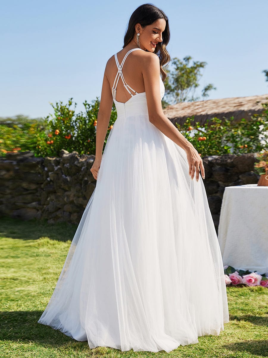 Custom Size Sleeveless Waist Applique Cross-Back Straps Tulle Wedding Dress #color_White