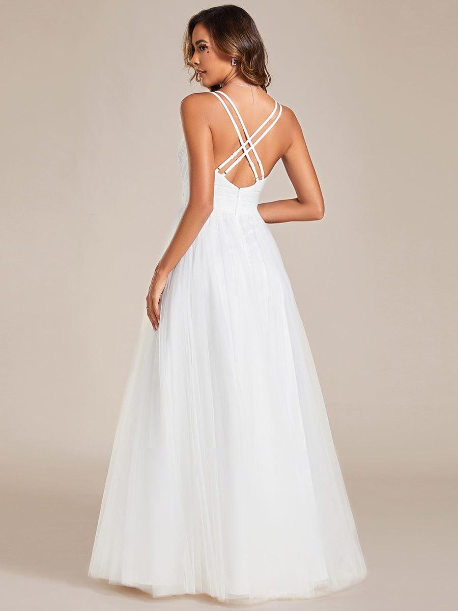 Sleeveless Waist Applique Cross-Back Straps Tulle Bridesmaid Dress #color_Pink Sleeveless Waist Applique Cross-Back Straps Tulle Bridesmaid Dress